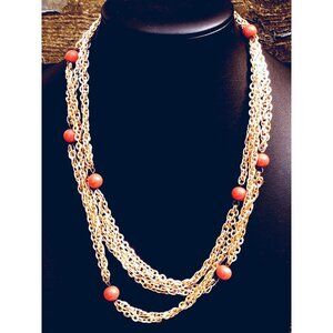 Vintage Double Strand Gold Tone Orange Glass Bead Station Necklace Rope & Cable